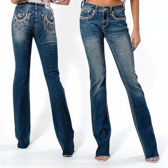 Grace in LA Bootcut Jeans Tribal Feather Embroider Fray Hem Easy Fit 32X33* (30) - Picture 9 of 16